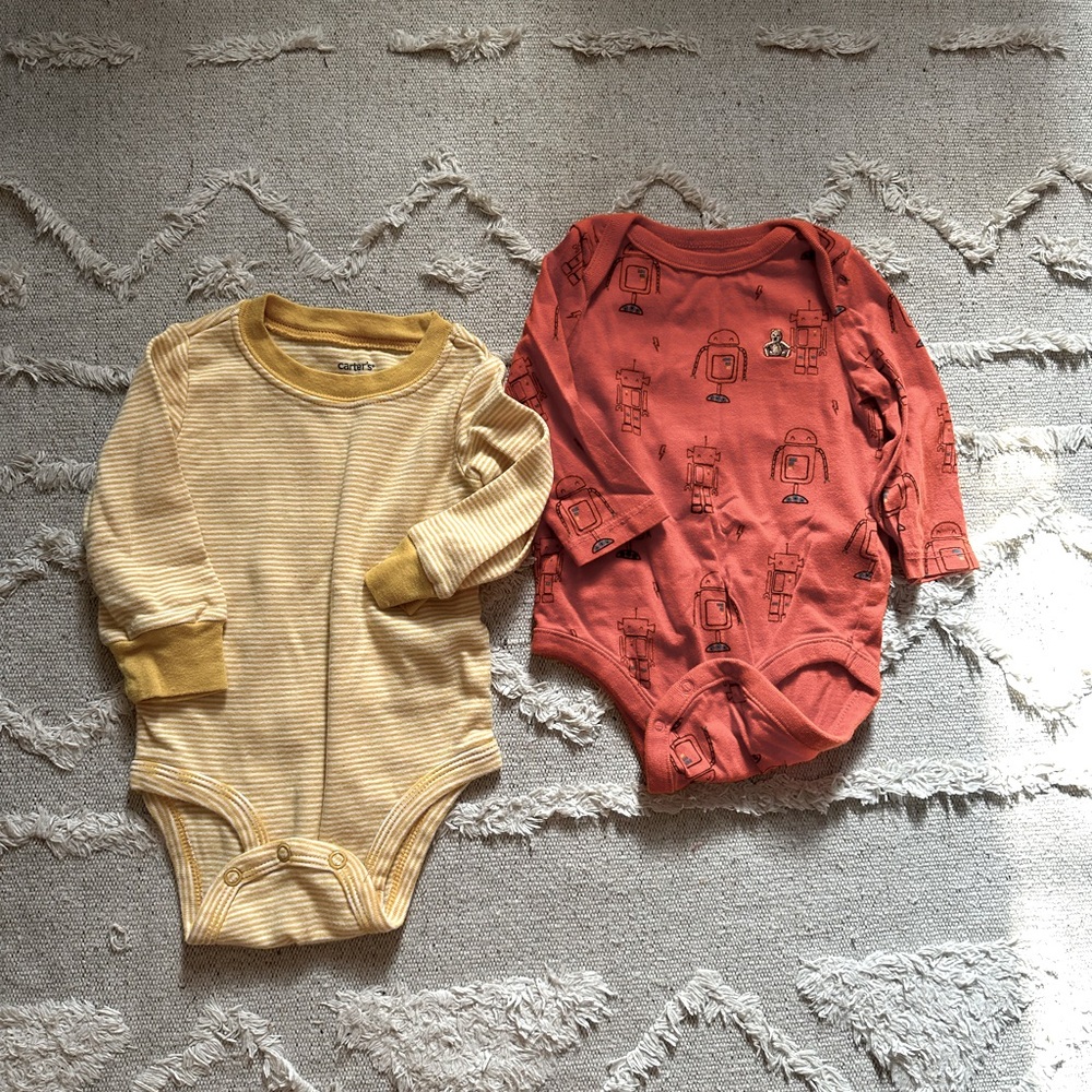 Striped Yellow + Orange Robot Print Kids Long Sleeve Bodysuit One Pieces